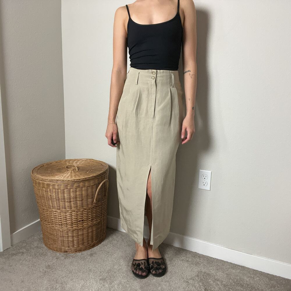 vintage beige linen high waisted minimalist chic trouser midi maxi skirt